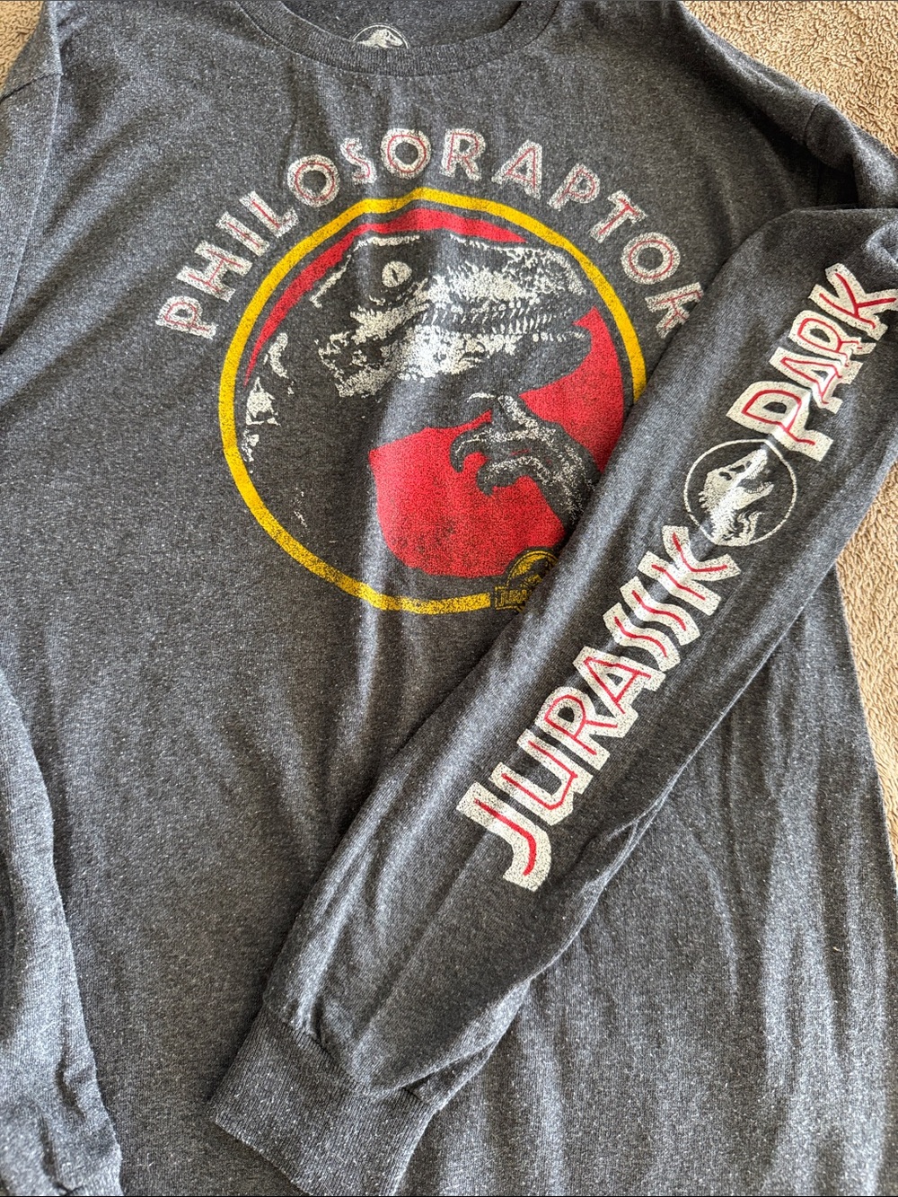 Jurassic Park Long Sleeve Graphic Tee - Charcoal with Red & Yellow Logo